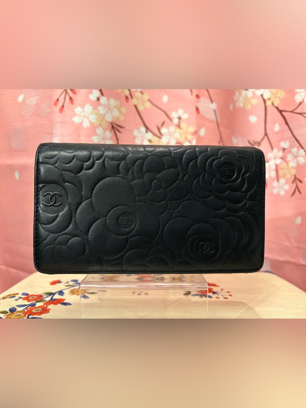 Chanel Camellia Lambskin Bi-Fold Long Wallet Black Silver with COA - Picture 2 of 13